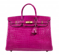 HERMÈS  Sac BIRKIN 40 Crocodile d'estuaire lisse rose Fuchsia (Crocodylus porosus) II/B Garniture métal plaqué or  BIRKI...