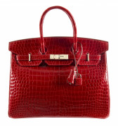 HERMÈS 2011  Sac BIRKIN 35 Crocodile d'estuaire lisse rouge Braise (Crocodylus porosus) II/B Garniture métal argenté palla...