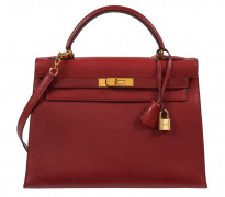 HERMÈS 1990  Sac KELLY Sellier 32 Veau Epsom rouge Garniture métal plaqué or  KELLY Sellier 32 bag Red Epsom calfski...