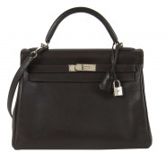 HERMÈS 2006  Sac KELLY Retourné 32 Veau Tadelakt Chocolat Garniture métal argenté palladié  KELLY Retourné 32 bag Ch...