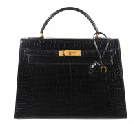 HERMÈS  Sac KELLY Sellier 32 Crocodile d'estuaire noir (Crocodylus porosus) II/B Garniture métal plaqué or  KELLY Sellie...