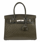 HERMÈS 2007  Sac BIRKIN 30 Autruche kaki (Struthio camelus) NR Garniture métal argenté palladié  BIRKIN 30 bag Kaki...