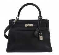 HERMÈS 2005  Sac KELLY Retourné 25 Veau Swift noir Garniture métal argenté palladié  KELLY Retourné 25 bag Black Swi...