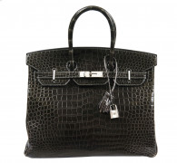 HERMÈS 2006  Sac BIRKIN 35 Crocodile d'estuaire Graphite (Crocodylus porosus) II/B Garniture métal argenté palladié  B...