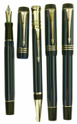 PARKER Lot de 4 stylos Duofold Pinstripe : un plume International + un bille + deux roller. Résine bleue marine lignée de blanc et...