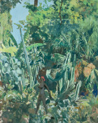 Jacques MAJORELLE 1886 - 1962 Laïla dans le jardin - Circa 1940-1945 Détrempe sur toile, technique mixte à rehauts de poudre métalli...