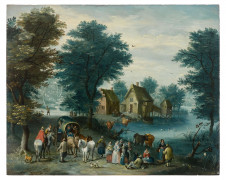 Ecole flamande de la seconde partie du XVIIIe siècle Suiveur de Josef van Bredael Paysages fluviaux animés de personnages Paire d'hu..