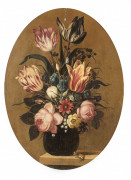 Monogrammiste JF Actif aux Pays-Bas vers 1625-1660 Bouquet de fleurs à l'escargot Huile sur panneau de chêne, de forme ovale