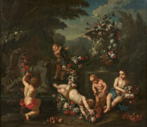 Francesco LIBERTI Actif à Urbino à la fin du XVIIe - début du XVIIIe siècle Jeux de putti dans un parc Paire de toiles