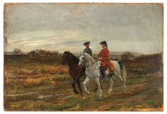 Jean-Louis-Ernest MEISSONIER Lyon, 1815 - Paris, 1891 Deux cavaliers dans un paysage Huile sur panneau, une planche