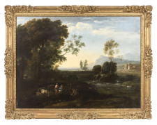 Attribué à Giovanni Battista VIOLA Bologne, 1576 - Rome, 1622 Paysage classique animé avec la Fuite en Egypte Huile sur toile (Toile...