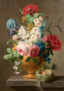 Peter FAES Meer, 1750 - Anvers, 1814 Bouquet de fleurs et nid sur un entablement Huile sur panneau parqueté