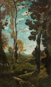 Henri-Joseph HARPIGNIES Valenciennes, 1819 - Saint-Privé, 1916 Berger et son troupeau en lisière de forêt dans un paysage vallonné H...