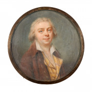 Dans le goût de Frédéric DUBOIS Actif entre 1780 et 1819 Portrait d'homme à la veste brune Miniature sur ivoire, de forme ronde