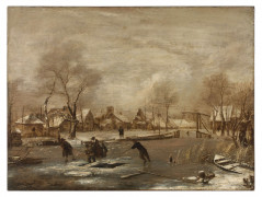 Jan van de CAPPELLE Amsterdam, 1626 - 1679 Paysage d'hiver avec personnages soulevant un bloc de glace sur une rivière gelée Huile s..