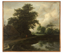 Attribué à Jacob van RUISDAEL Haarlem, 1628 - Amsterdam, 1682 Chaumières et personnages près d'un étang Huile sur panneau, une planc..