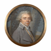 Attribué à Claude HOIN Dijon, 1750 - 1817 Portrait d'homme à la redingote grise sur fond de paysage Miniature sur ivoire, de forme r..