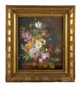 Elianne-Alfred GIRBAUD Née à Paris, expose au Salon de 1844 à 1870 Fleurs dans un vase sur un entablement de marbre, d'après Jan van..