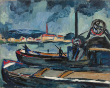 ¤ Maurice de VLAMINCK 1876 - 1958 Péniches sur la Seine à Chatou - Circa 1907 Huile sur toile