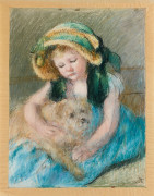 Mary CASSATT 1844 - 1926 Sara au bonnet avec son chien - Circa 1906-1907 Pastel sur papier