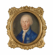 Ecole française vers 1800  Portrait du roi Ferdinand des Deux-Siciles en habit bleu portrant l'ordre du Saint Esprit Miniature sur i..