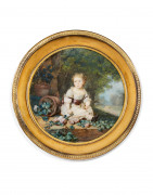 Attribué à Jean-Antoine LAURENT Baccarat, 1763 - Epinal, 1832 Portrait d'enfant jouant avec des roses dans un jardin Miniature sur i..