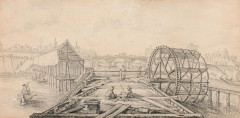 Aignan-Thomas DESFRICHES Orléans, 1715 - 1800 Vue du Pont Royal à Orléans, avec la constuction d'un ponton au premier plan Crayon no..