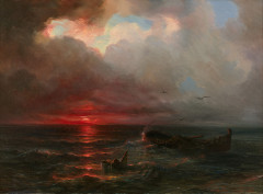 Théodore GUDIN Paris, 1802 - 1880 Coucher de soleil sur un littoral Huile sur toile (Toile d'origine)