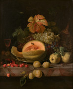 Jacob BOGDANI Eperjes, 1660 - Londres, 1724 Plat de raisins et melon, cerises, coings et branche de prunier sur un entablement Huile...