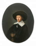 ¤ Ecole hollandaise du XVIIe siècle Entourage de Rembrandt Portrait d'homme au chapeau noir tenant des gants Huile sur panneau de form