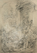 François BOUCHER Paris, 1703 - 1770 L'Adoration des bergers Crayon noir, estompe et rehauts de blanc sur papier bleu