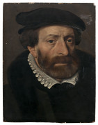 Attribué à Pieter POURBUS Gouda, vers 1523 - Bruges, 1584 Portrait d'homme barbu au chapeau noir et à la collerette blanche Huile su..