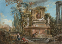 Jean-Baptiste LALLEMAND Dijon, 1716 - Paris, 1803 Personnages à la fontaine dans un paysage classique Gouache