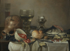 Pieter CLAESZ. Berchem, 1597 - Haarlem, 1660 Bol de fraises, römer, tête de poisson et salière sur un entablement Huile sur panneau...