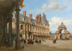 Jacques GUIAUD Chambéry, 1810 - Paris, 1876 Seigneurs attendant la sortie du roi Henri IV dans la cour ovale, au palais de Fontaineb...