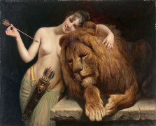 Angelo von COURTEN Bologne, 1848 - Munich, 1925 La déesse Diane et un lion Huile sur toile (Toile d'origine)