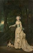 Attribué à Arthur William DEVIS Londres, 1762 - 1822 Portrait présumé d'Elisabeth Calvet avec son petit chien Huile sur toile (Toile..