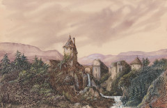 George SAND Paris, 1804 - Nohant-Vic, 1876 Paysage romantique avec cascade et château Gouache