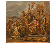 Joseph-Marie VIEN Montpellier, 1716 - Paris, 1809 La famille de Coriolan venant le détourner d'assiéger Rome Huile et encre de Chine..