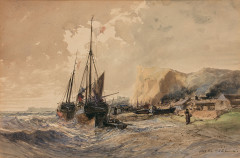 Jules NOËL Nancy, 1810 - Alger, 1881 Bateaux de pêche sur la côte normande Aquarelle gouachée