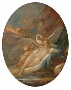 Attribué à Jean-Simon BERTHÉLEMY Laon, 1743 - Paris, 1811 Léda et le cygne Huile sur toile, de forme ovale