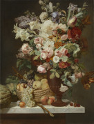 Antoine BERJON Lyon, 1754 - 1843 Vase de fleurs et corbeille de fruits sur un entablement Huile sur toile (Toile d'origine)