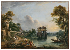 Jean-Baptiste LALLEMAND Dijon, 1716 - Paris, 1803 Lavandières au pied du moulin de Conflans, près de Charenton Huile sur toile