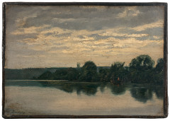 Charles-François DAUBIGNY Paris, 1817 - 1878 Pêcheur sur sa barque en bord de rivière Huile sur papier marouflé sur toile