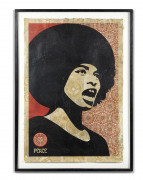 Shepard FAIREY ( OBEY GIANT) (Américain - Né en 1970) Obey Angela Davis - 2005 Peinture aérosol et collages sur fond sérigraphique (...