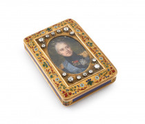 TABATIÈRE DE PRÉSENT EN OR, ÉMAIL ET DIAMANTS ORNÉE D'UNE MINIATURE, PORTRAIT DU ROI CHARLES X Par Gabriel-Raoul Morel Début du XIXe..