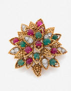 VAN CLEEF & ARPELS  Clip de corsage en or, diamants, rubis et émeraudes, 1964 A diamond, ruby, emerald and gold clip, 1964