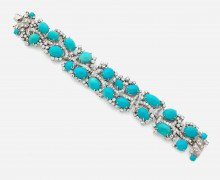 Bracelet articulé or, turquoises et diamants A diamond, turquoise and gold bracelet