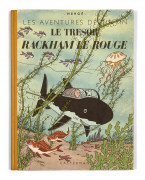 TINTIN N°12  Le Trésor de Rackham le rouge Casterman, 1945. Dos jaune, 4e plat A24, pages de garde bleu foncé, titre en rouge pa...