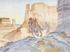 Jean GIRAUD  1938-2012 Far West Crayon de papier et aquarelle pour une illustration représentant deux cowboys dans Monument Va...